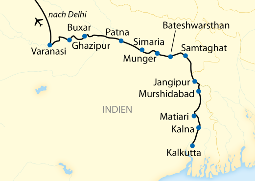 Reiseroute: 21-tägige Schiffsreise in Indien von Delhi – Kalkutta mit 18-tägiger Flusskreuzfahrt auf dem Ganges