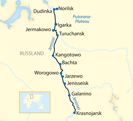 Reiseroute: 14-tägige Schiffsreise mit 13-tägiger Flusskreuzfahrt auf dem Jenissei in Russland