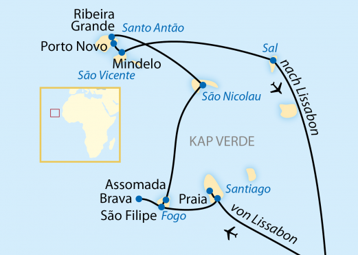Reiseroute: 11-tägige Schiffsreise mit 8-tägiger Kreuzfahrt zu den schönsten Inseln der Kapverden