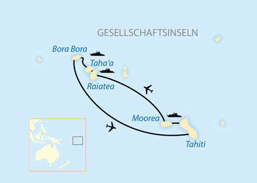 Reiseroute: 14-tägige Südsee-Privatreise zu den Gesellschaftsinseln mit privater Katamaran-Kreuzfahrt Reiseroute: 14-tägige Südsee-Privatreise zu den Gesellschaftsinseln mit privater Katamaran-Kreuzfahrt