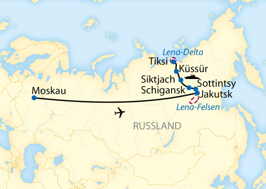 Reiseroute: 16-tägige Flusskreuzfahrt in Russland von Jakutsk über den Polarkreis bis zum Lena-Delta