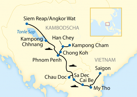 Reiseroute: 8-tägige Mekong-Flusskreuzfahrt von Saigon (Vietnam) nach Siem Reap (Kambodscha)