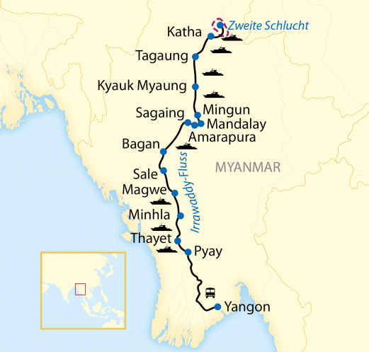 Reiseroute: 18-tägige Schiffsreise in Myanmar mit 15-tägiger Irrawaddy-Flusskreuzfahrt