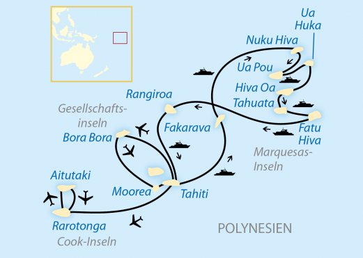 Reiseroute: 32-tägige Schiffsreise durch Polynesien mit Postschiff-Kreuzfahrt auf der Aranui 5 zu den Tuamotus und Marquesas