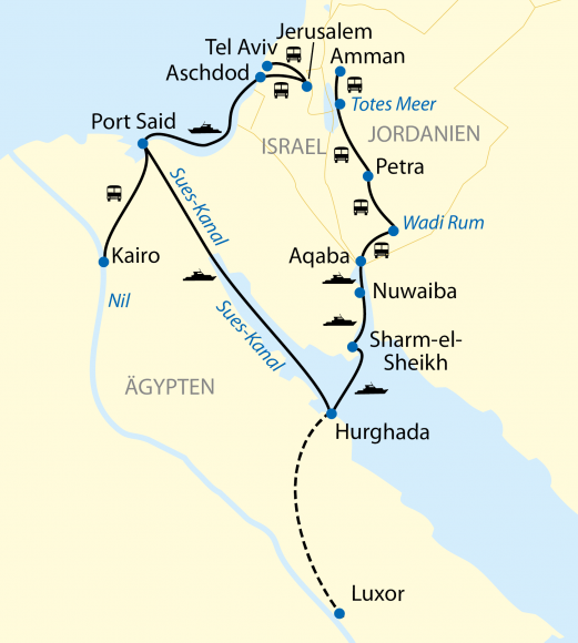 Reiseroute: 13-tägige Schiffsreise mit 8-tägiger Kreuzfahrt von Israel über Ägypten nach Jordanien