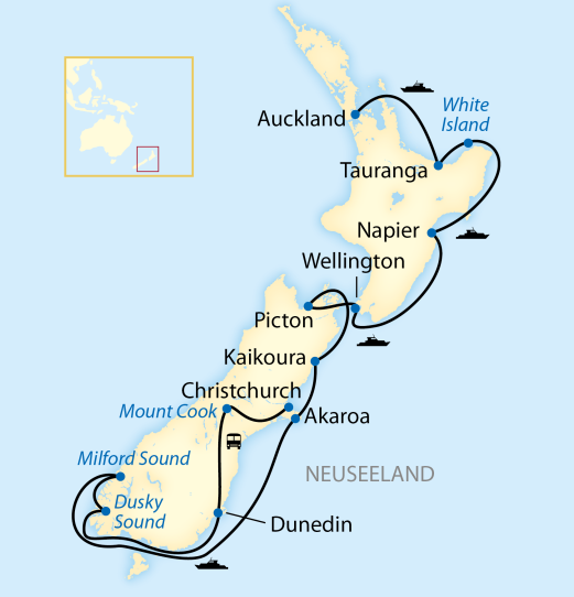 Reiseroute: 22-tägige Schiffsreise mit 13-tägiger Expeditions-Kreuzfahrt rund um Neuseeland Reiseroute: 22-tägige Schiffsreise mit 13-tägiger Expeditions-Kreuzfahrt rund um Neuseeland
