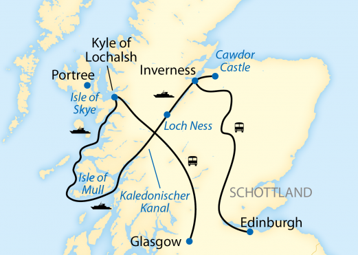 Reiseroute: 11-tägige Kreuzfahrt von Glasgow zu den Highlights der schottischen Westküste, zum Loch Ness und nach Edinburgh
