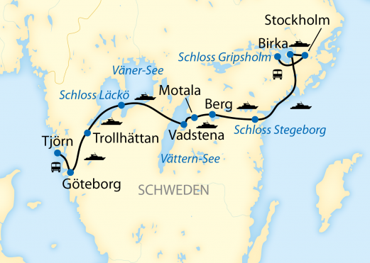 Reiseroute: 12-tägige Schiffsreise durch Schweden mit 6-tägigem Exklusiv-Charter des historischen Göta-Kanal-Schiffs MS Diana
