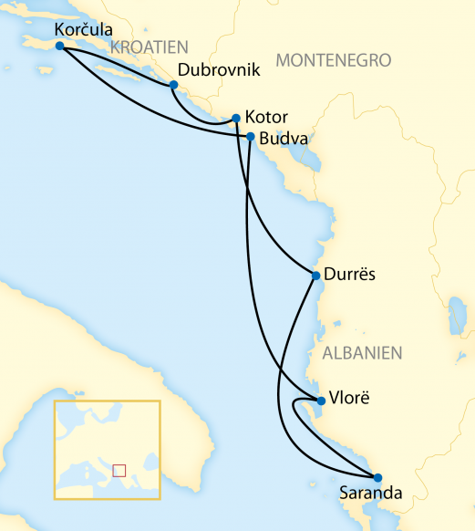 Reiseroute: 9-tägige Erlebnisreise mit 8-tägiger Kreuzfahrt durch Kroatien, Montenegro und Albanien