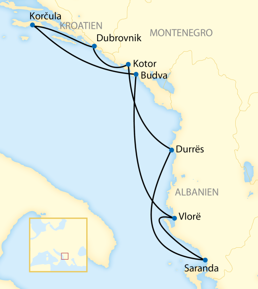 Reiseroute: 9-tägige Erlebnisreise mit 8-tägiger Kreuzfahrt durch Kroatien, Montenegro und Albanien