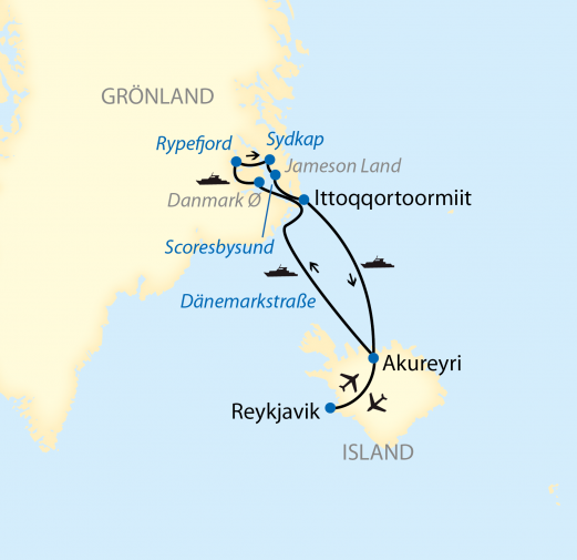 Reiseroute: 12-tägige Expeditions-Kreuzfahrt von Island zum Scoresbysund in Nordost- Grönland