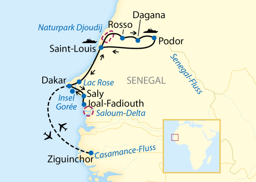 Reiseroute: 16-tägige Schiffsreise mit 7-tägiger Fahrt auf dem Senegal-Fluss Reiseroute: 16-tägige Schiffsreise mit 7-tägiger Fahrt auf dem Senegal-Fluss