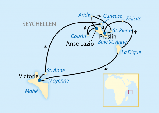 Reiseroute: 13-tägige Schiffsreise mit 8-tägiger Seychellen-Kreuzfahrt