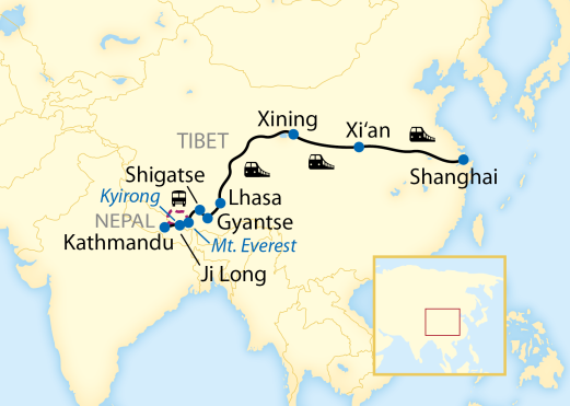Reiseroute: 18-tägige Zug-Erlebnisreise durch China mit Fahrt auf der Tibet-Bahn und weiter nach Nepal