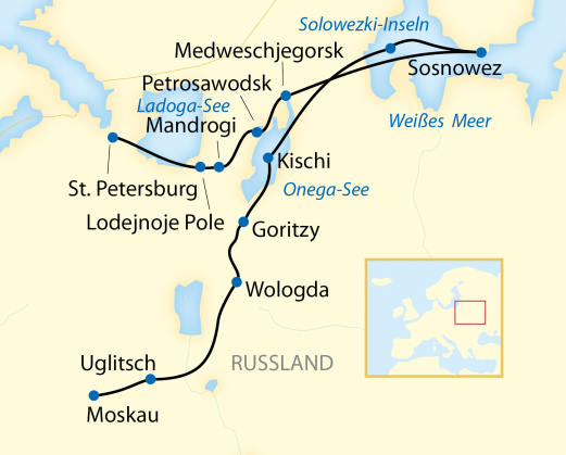 Reiseroute: 15-tägige Flusskreuzfahrt in Russland zwischen St. Petersburg und Moskau über das Weiße Meer
