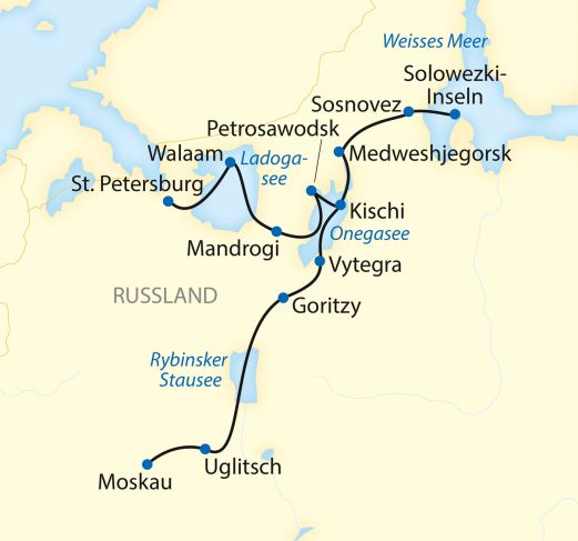 Reiseverlauf: : St. Petersburg – Klosterinsel Walaam – Lodejnoje Pole – Mandrogi – Petrosawodsk – Weißmeer-Ostseekanal – Solowezki-Inseln – Kischi – Goritzy – Tscherepowetz – Uglitsch – Kaljazin – Dubna – Moskau Reiseverlauf: : St. Petersburg – Klosterinsel Walaam – Lodejnoje Pole – Mandrogi – Petrosawodsk – Weißmeer-Ostseekanal – Solowezki-Inseln – Kischi – Goritzy – Tscherepowetz – Uglitsch – Kaljazin – Dubna – Moskau