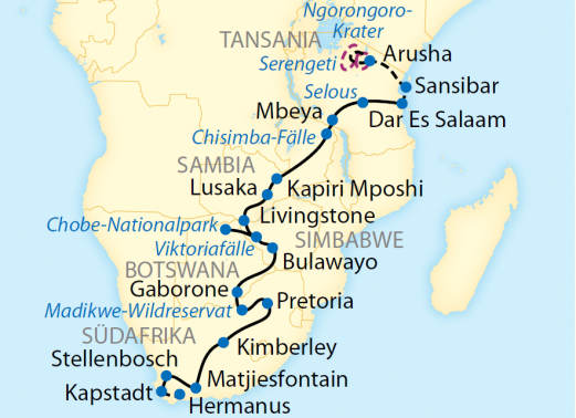 Reiseroute: 19-tägige Sonderzugreise von Tansania bis Südafrika