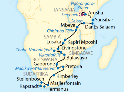 Reiseroute: 19-tägige Sonderzugreise von Südafrika bis Tansania