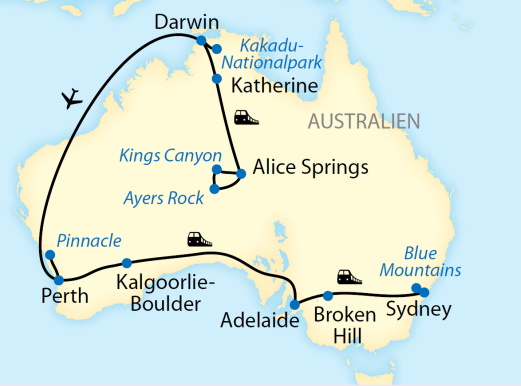 Reiseroute: 20-tägige Zug-Erlebnisreise quer durch Australien im Ghan und im Indian Pacific