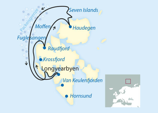 Verlaufskarte Spitzbergen 11-tägige Schiffsreise im Nordpolarmeer