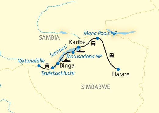 Verlaufskarte_Hausbootsafari_auf_dem_Sambesi Verlauf Ihrer Hausboot-Safari