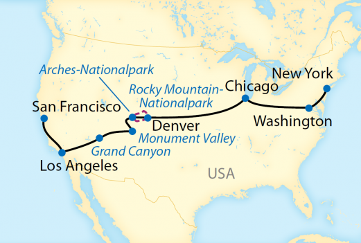 Reiseroute: 14-tägige First Class Zug-Erlebnisreise zu den großartigen Nationalparks im Wilden Westen der Vereinigten Staaten