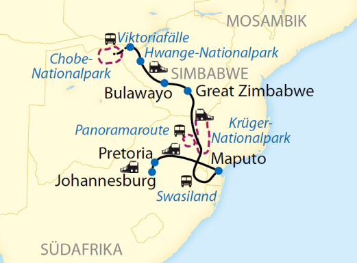 Reiseroute: 15-tägige Sonderzugreise von Pretoria bis Victoria Falls im African Explorer – bekannt aus der ARD-Fernsehserie Verrückt nach Zug. Reiseroute: 15-tägige Sonderzugreise von Pretoria bis Victoria Falls im African Explorer – bekannt aus der ARD-Fernsehserie Verrückt nach Zug.