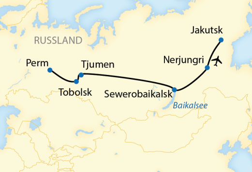 Reiseroute: 14-tägige Zug-Erlebnisreise auf außergewöhnlicher Route im Sonderwagen durch Sibirien