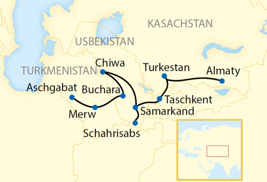 Reiseroute: 14-tägige Sonderzugreise von Kasachstan durch Usbekistan nach Turkmenistan